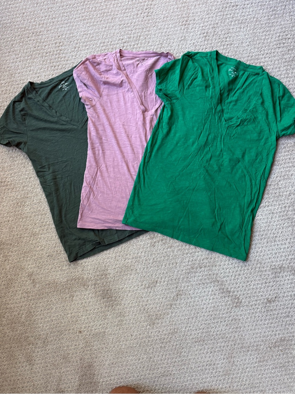 Lot of 3 J. Crew Short Sleeve V-Neck Tees Emerald Green, Light Pink, Dark Green